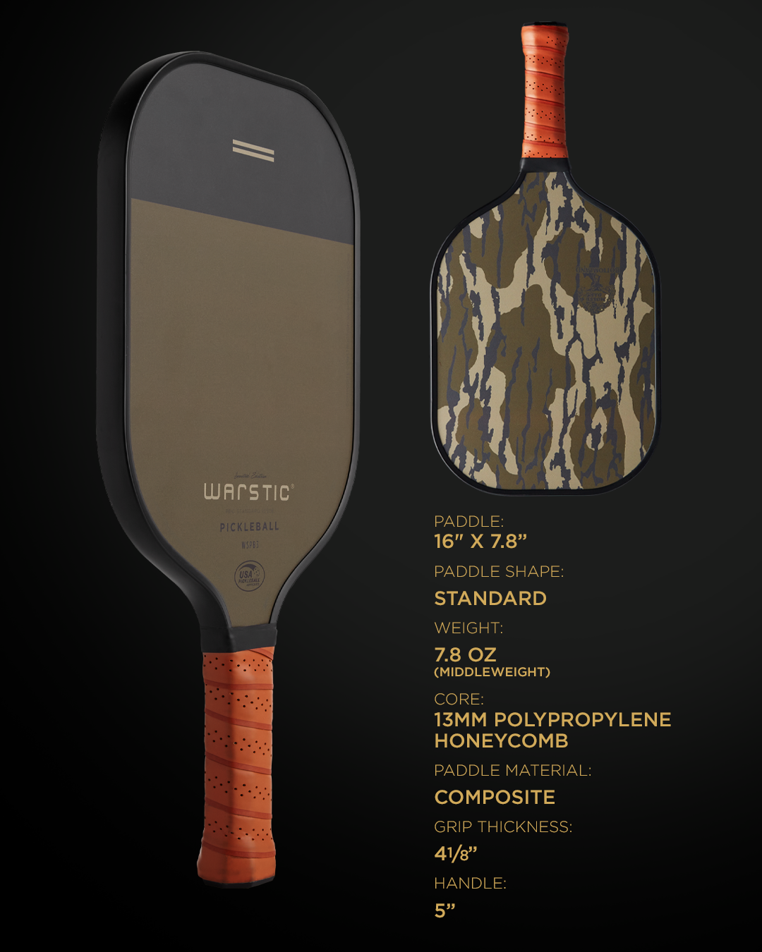 WSPB3 PRO STD ISSUE | STANDARD SHAPE | COMPOSITE SURFACE PICKLEBALL PADDLE - LTD ED MOSSY OAK